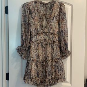 Red Navy Ivory Paisley Printed Ruffle Dress VNeck